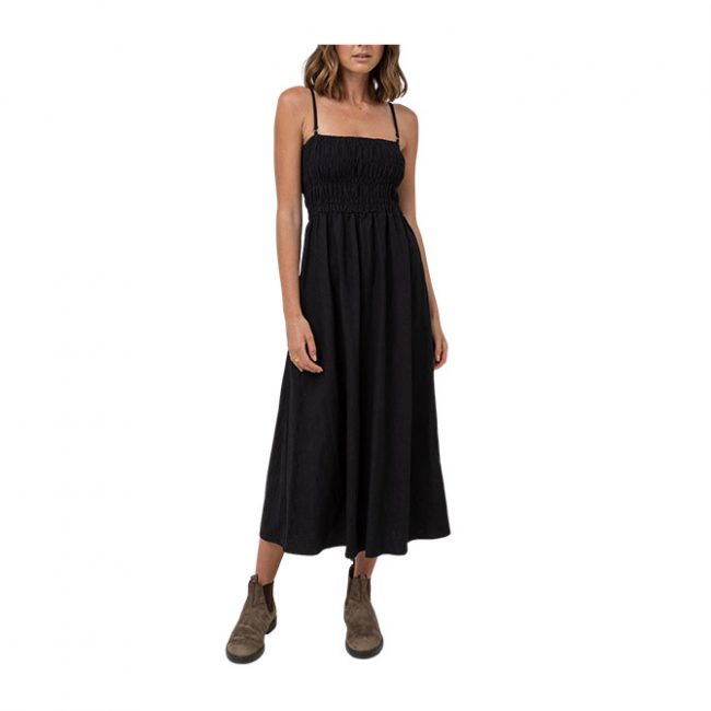 Rhythm Classic Shirred Midi Dress - Black