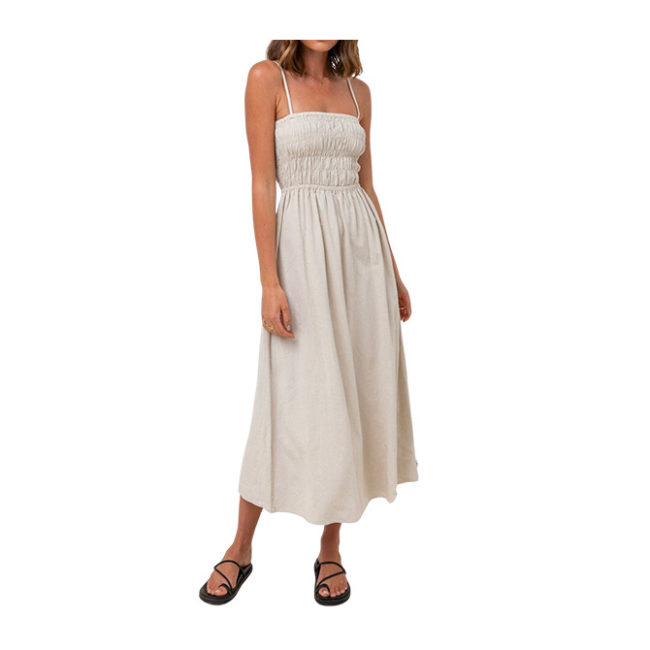 Rhythm - Classic Shirred Midi Dress - Oat