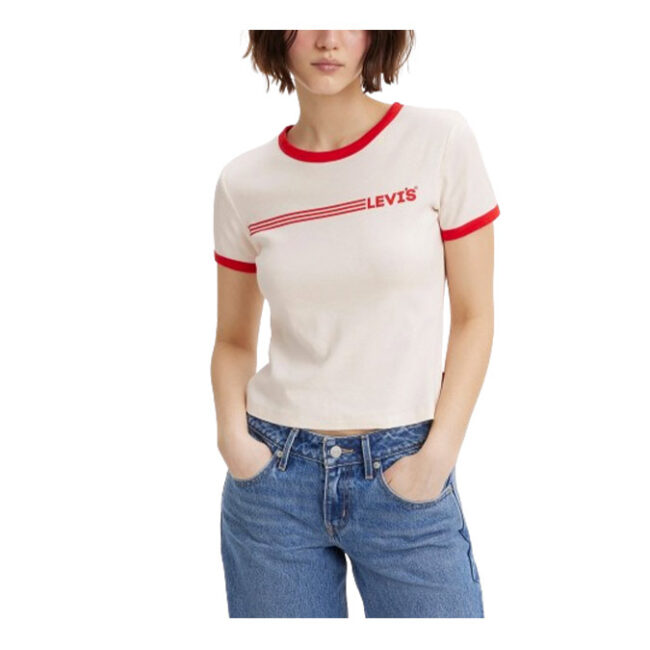 Levis Graphic Ringer Rickie Headline Logo T-Shirt - Gardenia/Racing Red