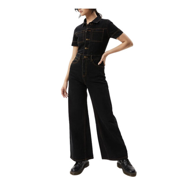 Afends Estrella Organic Denim Flared Leg Jumpsuit - Black