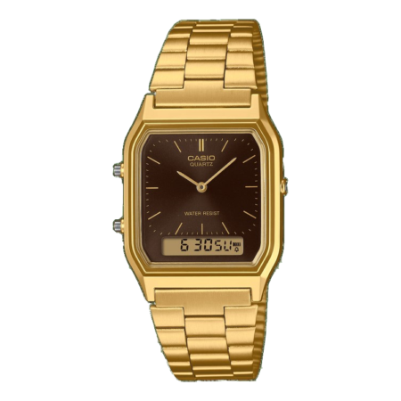 Casio AQ230GA-5A Duo Square Case Watch - Goldtone Stainless Steel/Brown Face