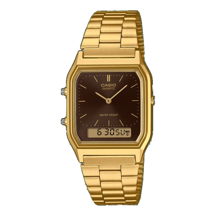 Casio AQ230GA-5A Duo Square Case Watch - Goldtone Stainless Steel/Brown Face